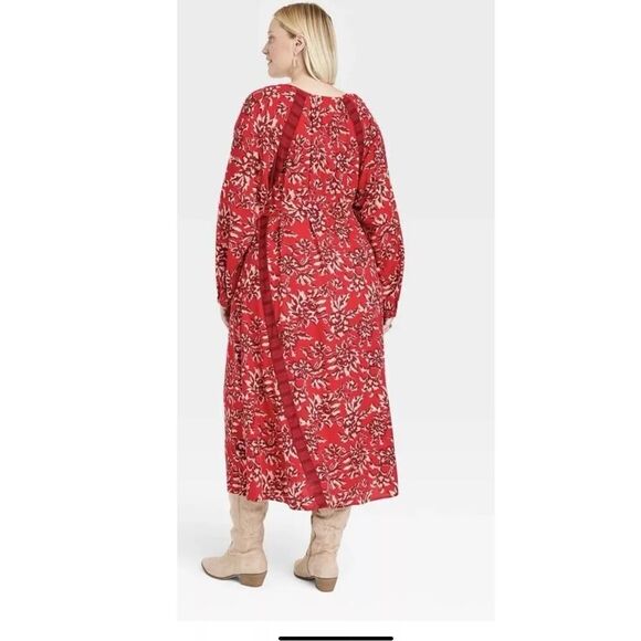 Knox Rose Boho Long Sleeve Maxi Dress Red Floral Flowy Western Versatile Size 1X - Picture 3 of 11